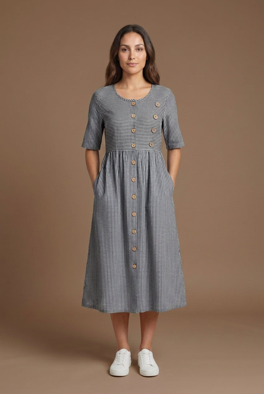Ilka | Women's Cotton Striped Button Detail Midi Dress