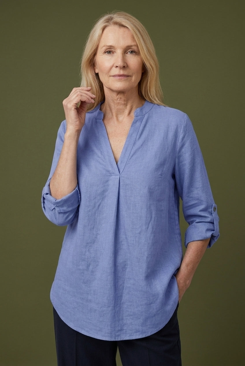 Classic V-Neck Long Sleeve Shirt for Women, Relaxed Tailored Fit Everyday Essential, for Work, Office, Casual & Layering