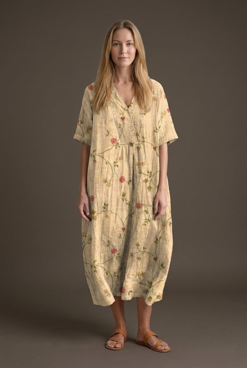 Vibrant Multicolour V-Neck Dress for Women, Lightweight Cotton-Linen Blend, for Summer, Casual & Party Wear
