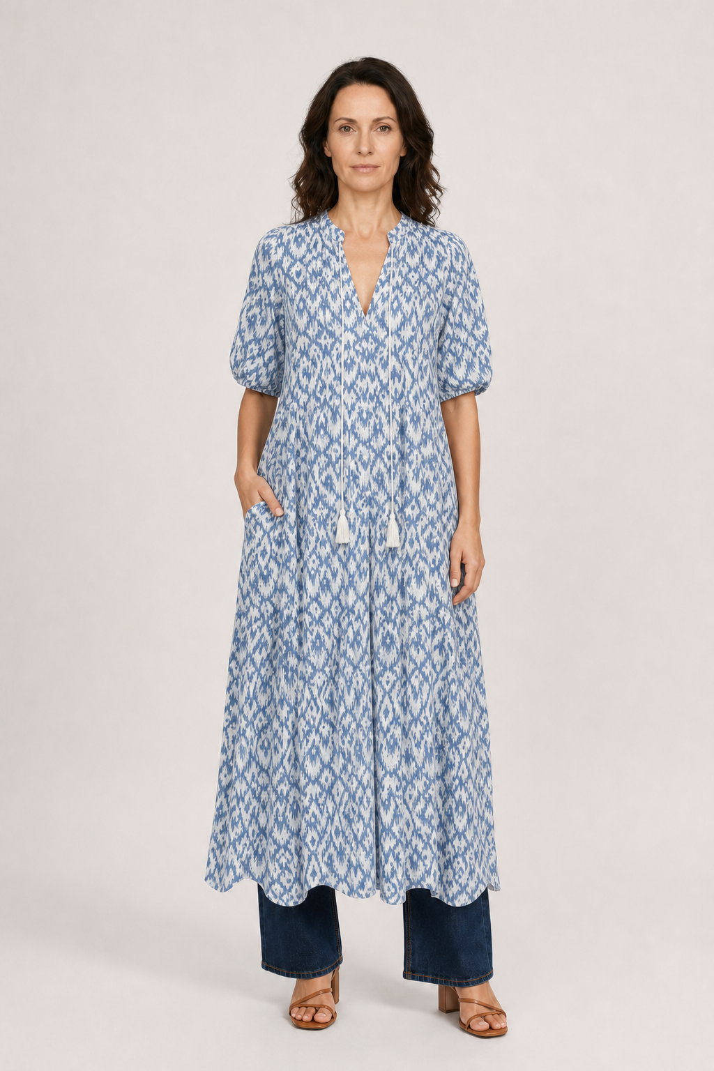Alia | Women's Boho Dress with V-Neckline Lantern Sleeves A-Line Geometric Print