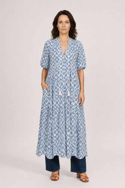 Alia | Women's Boho Dress with V-Neckline Lantern Sleeves A-Line Geometric Print