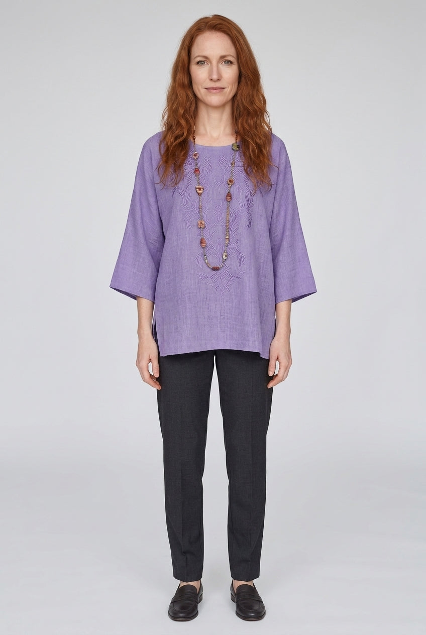 Purple Embroidery Crew Neck Short Sleeve Blouse