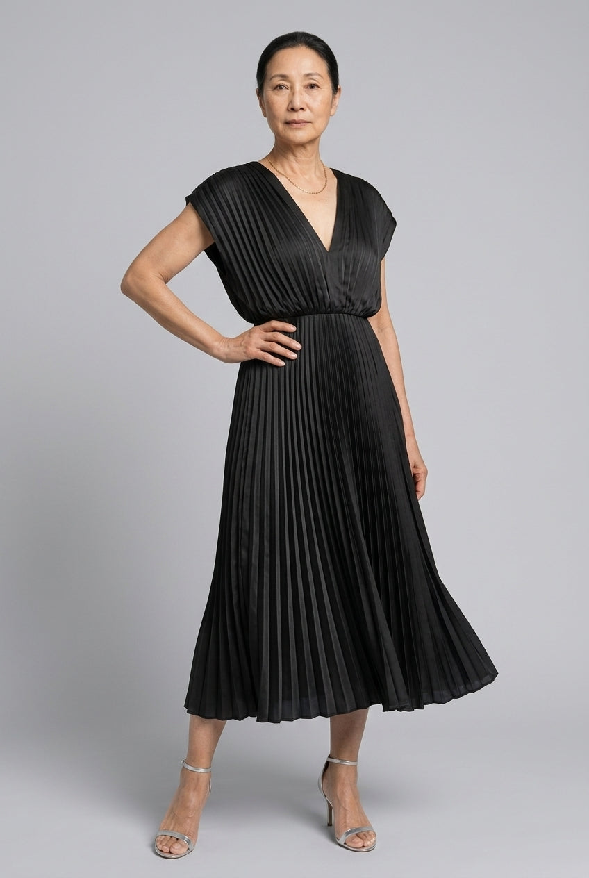 Nicoletta Vera | Pleated Midi Dress with Tie Belt