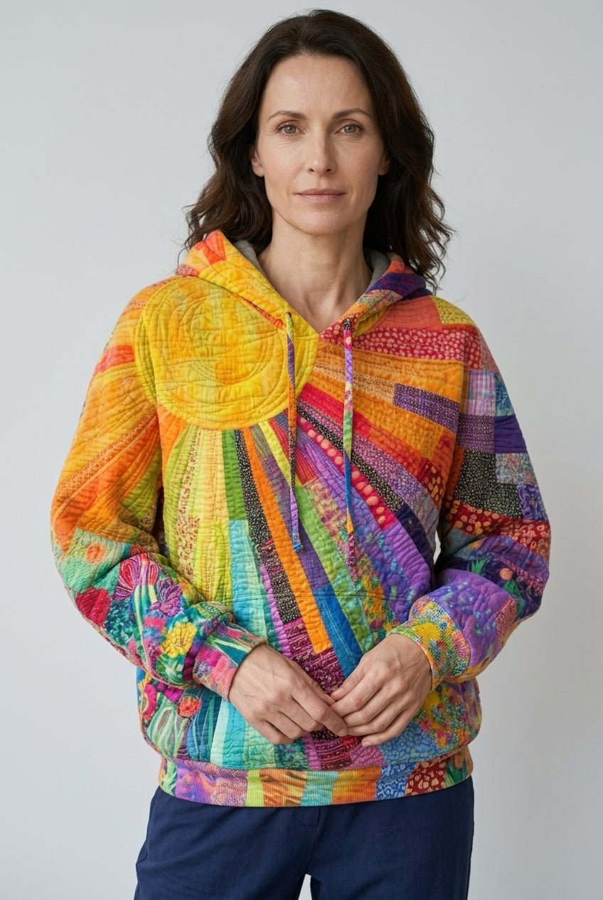 Bohemian Multicolor Patchwork Hoodie for Women, Long-Sleeve Relaxed Fit Cotton Blend, for Casual, Weekend & Everyday Wea