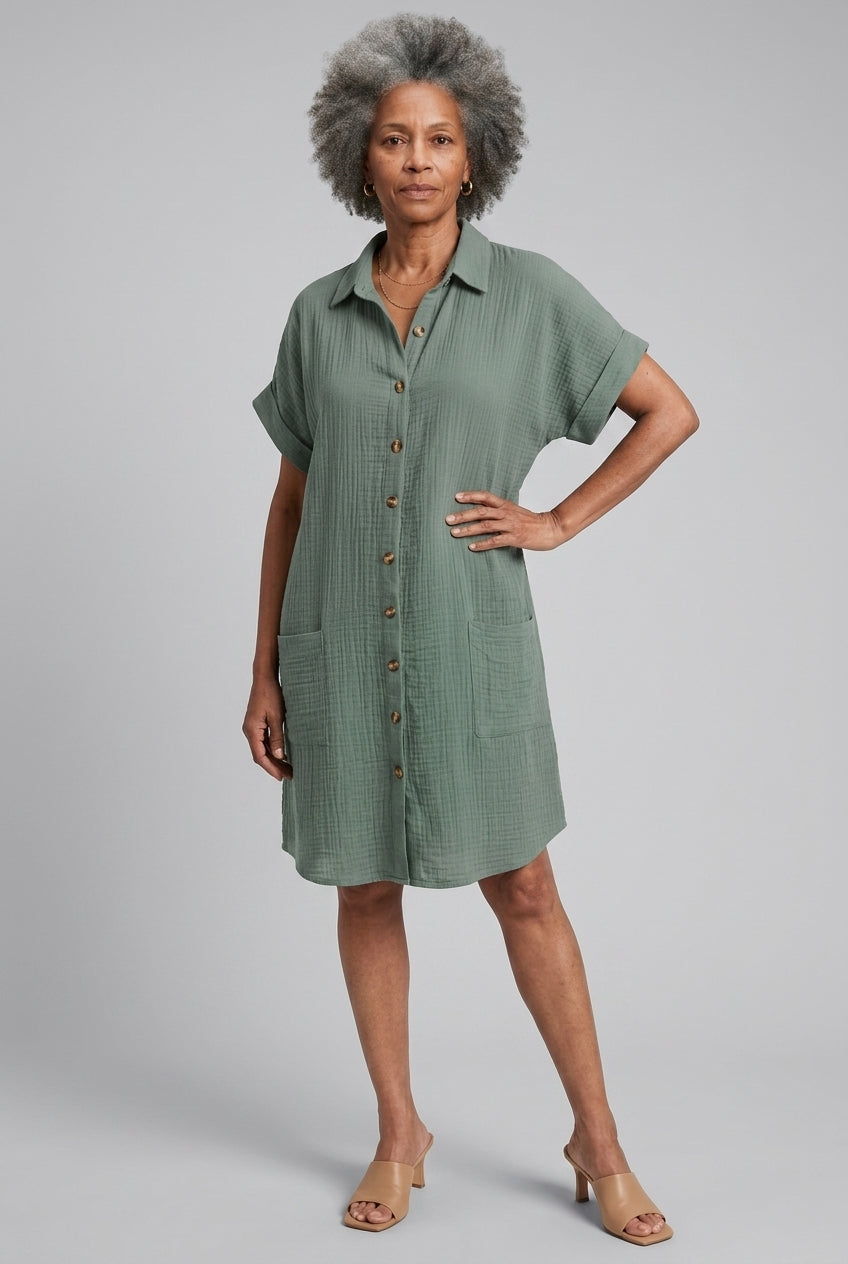 Elegant V-Neck Blouse Dress for Women, Soft Lightweight Button-Front, for Work, Brunch, Evening & Everyday Wear