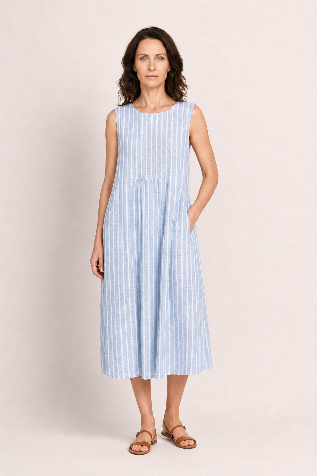 Naya | Women's Casual Linen Plaid Sleeveless Midi Dress