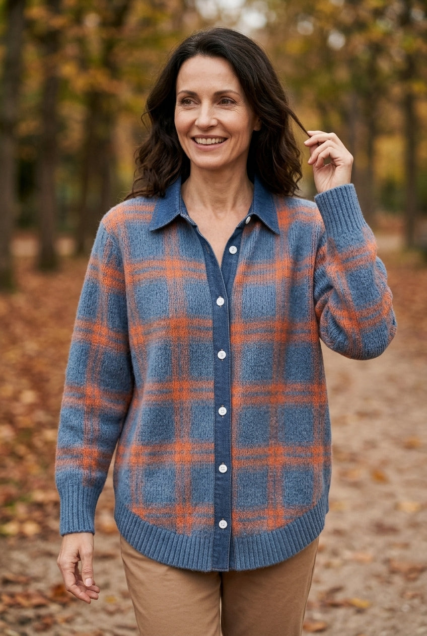 Elegant Checkered Cardigan for Women, Longline Button-Front Cozy Relaxed Fit, for Work, Casual, Everyday & Layering