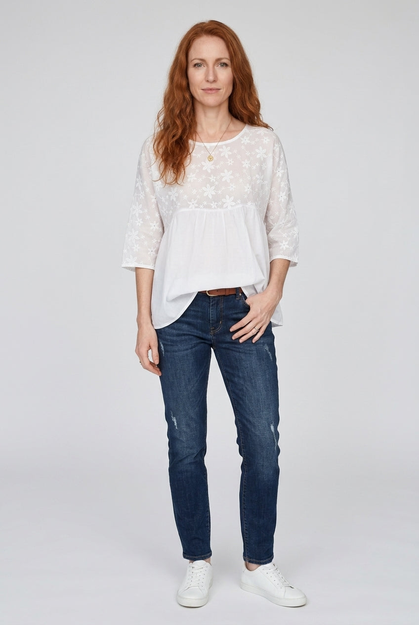 Floral Embroidered Patchwork Blouse for Women, Cotton Relaxed Crew-Neck 3/4 Sleeve Ethnic Print, for Casual, Office, Eve