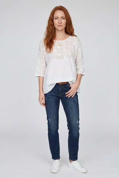 Floral Embroidered Patchwork Blouse for Women, Cotton Relaxed Crew-Neck 3/4 Sleeve Ethnic Print, for Casual, Office, Eve