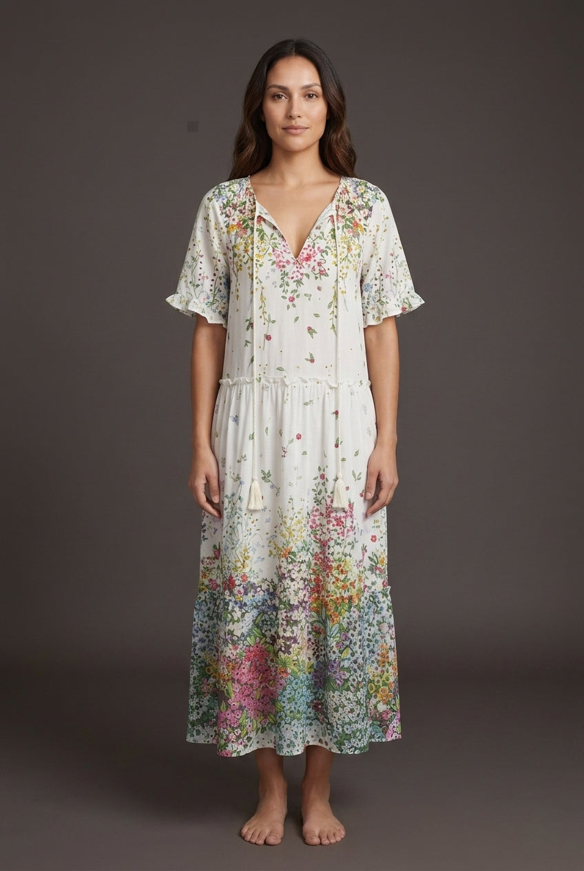 Boho V-Neck Summer Dress for Women, Flowing Vintage-Inspired Pattern Relaxed Fit, for Vacation, Brunch, Date Night & Eve