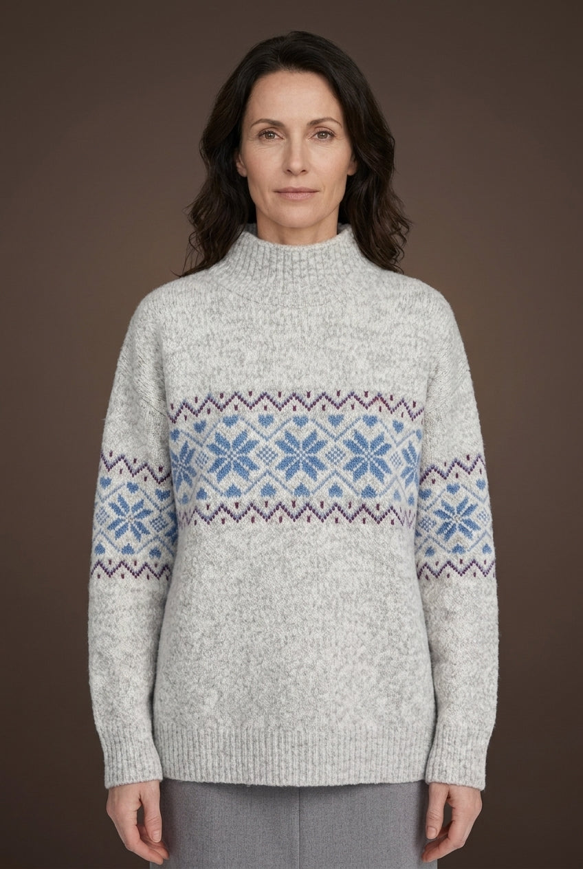 Cozy Snowflake Knit Sweater for Women, Relaxed Fit High Neckline Winter Jumper, for Holiday, Casual, Winter & Everyday W