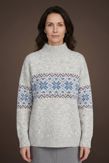 Cozy Snowflake Knit Sweater for Women, Relaxed Fit High Neckline Winter Jumper, for Holiday, Casual, Winter & Everyday W