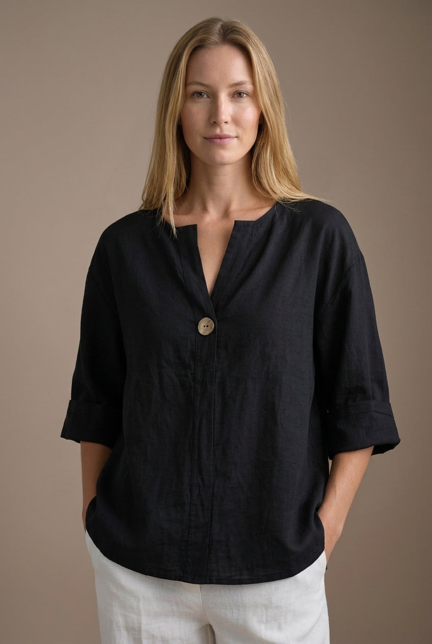 Relaxed Cotton Blouse for Women, 3/4 Sleeve V-Neck Single Button, for Summer, Casual & Everyday Wear