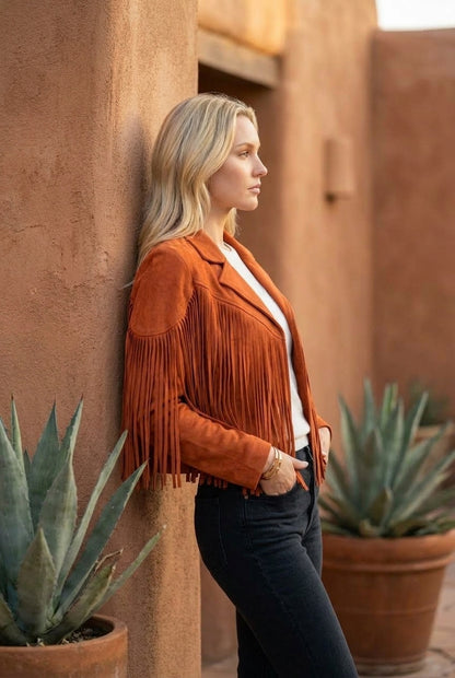 Evelyn | Women's Fringe Suede Cropped Moto Jacket