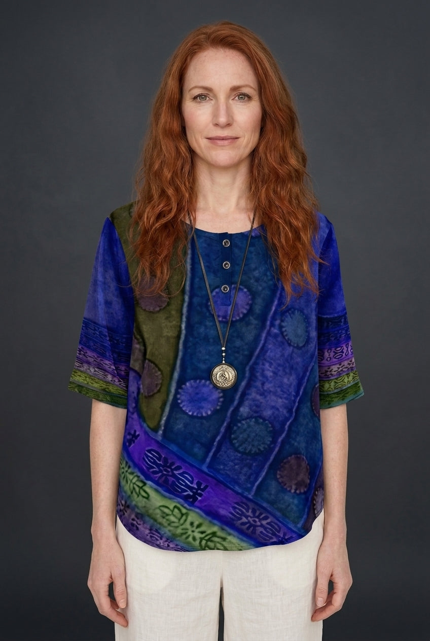 Relaxed Boho Top for Women, Mixed-Print Summer Lightweight, for Casual, Everyday & Vacation Wear