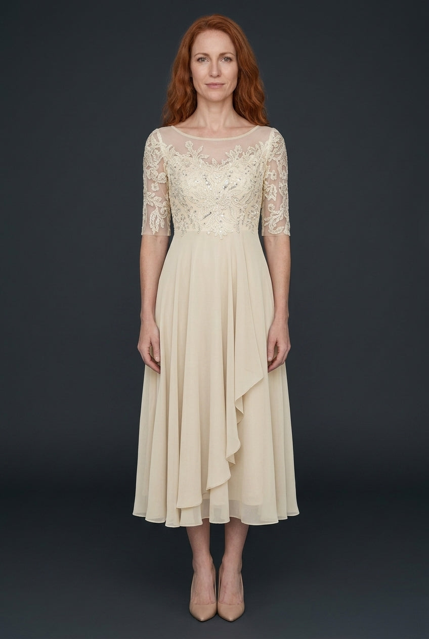 Elegant Evening Dress for Women, Fluid Draped Long-Sleeve Refined Neckline, for Formal Occasions, Dinners & Weddings