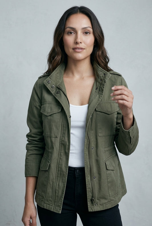 Rosa | Women's Khaki Zip Front Utility Jacket with Pockets Long Sleeve Relaxed Fit