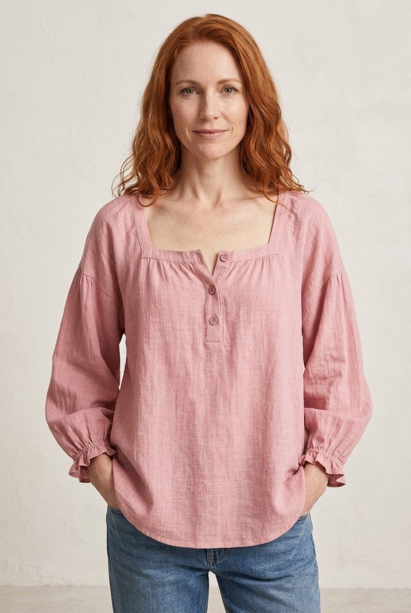 Relaxed Puff Sleeve Blouse for Women, Square Neckline Button-Front Long Sleeve, for Work, Casual, Everyday & Brunch