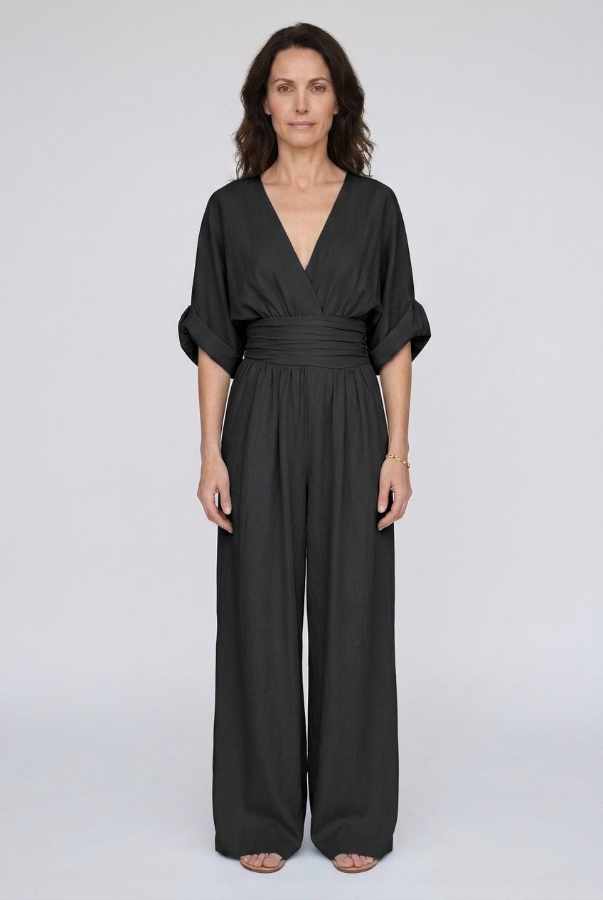 Elegant Wide Sleeve V-Neck Jumpsuit for Women, Flowing Relaxed Fit Cinched Waist, for Brunch, Travel, Casual & Everyday 