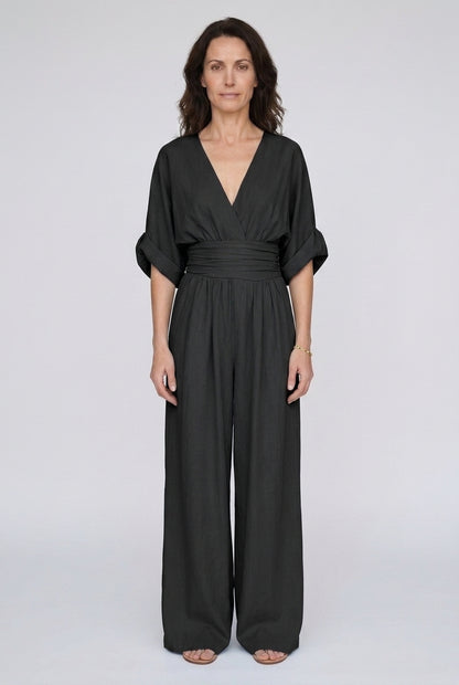 Elegant Wide Sleeve V-Neck Jumpsuit for Women, Flowing Relaxed Fit Cinched Waist, for Brunch, Travel, Casual & Everyday 