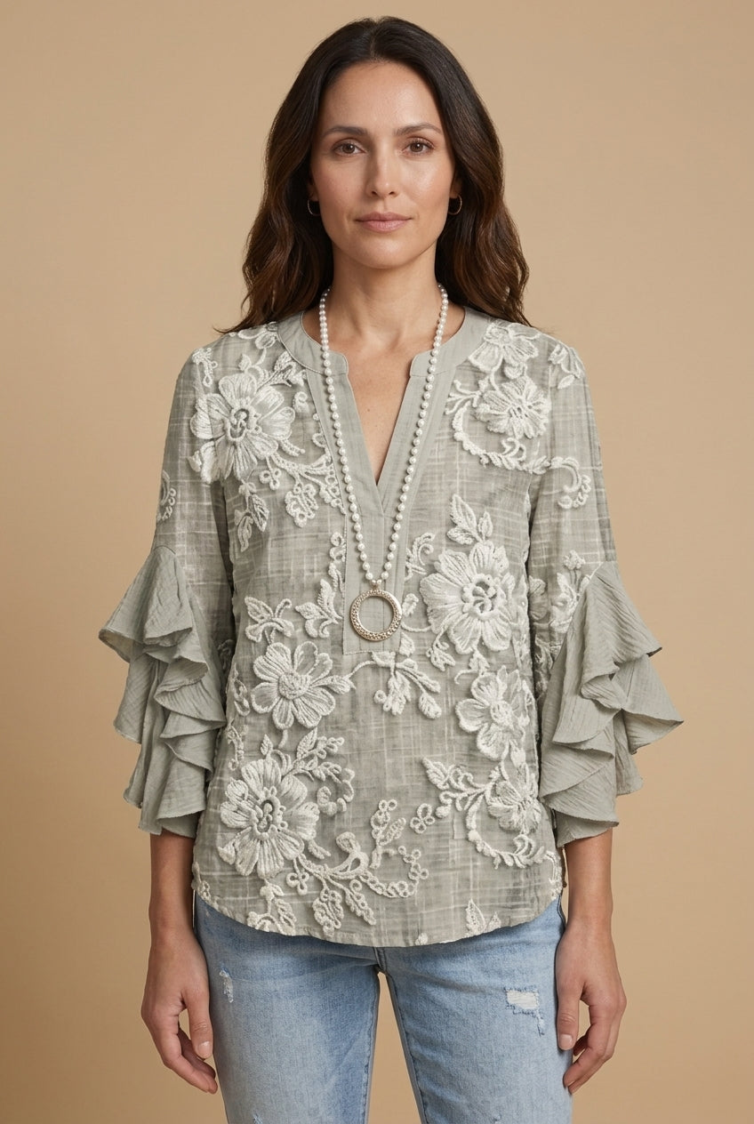 Elegant Ruffle Sleeve Blouse for Women, Floral Print Lightweight Relaxed Fit, for Work, Brunch, Casual & Everyday Wear