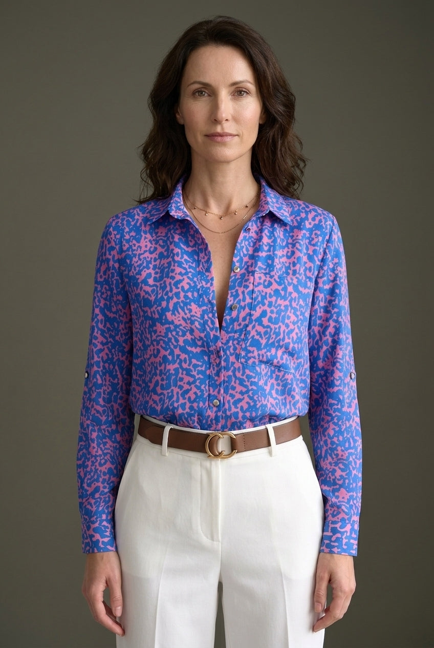 Classic Collared Printed Blouse for Women, Soft Breathable Long-Sleeve, for Work, Office, Casual & Everyday Wear