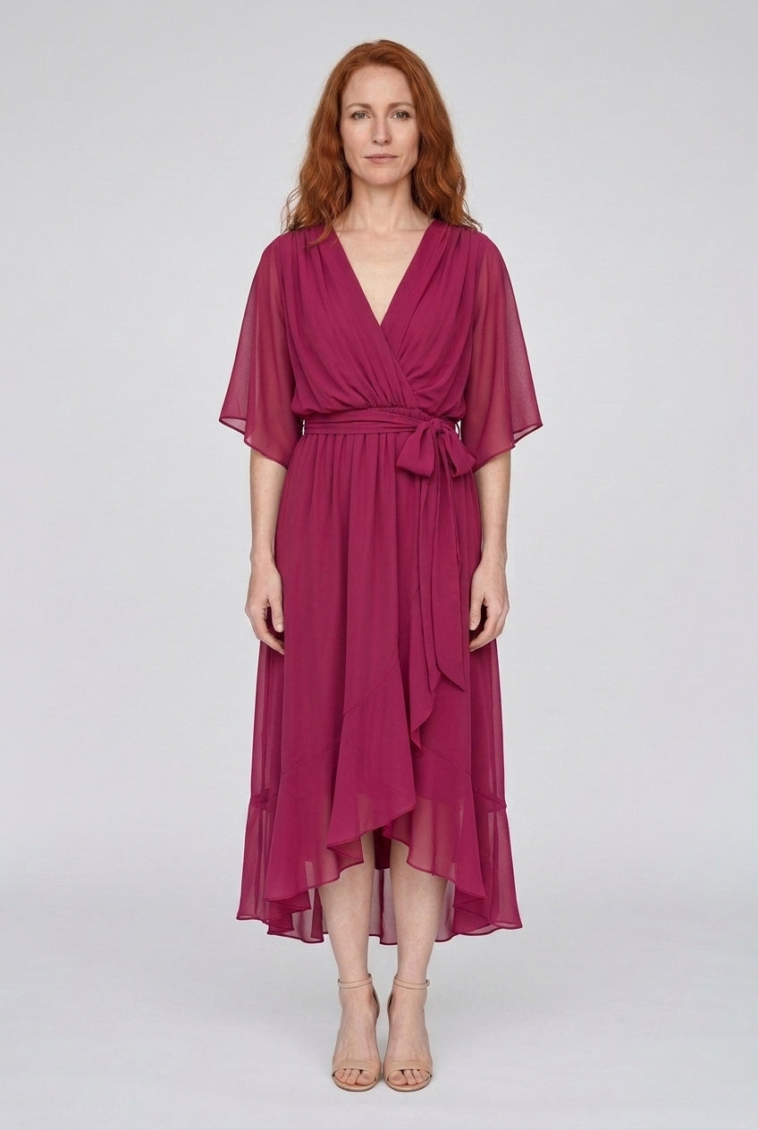 Elegant V-Neck Flowy Sleeve Dress for Women, Layered Textured Fringe Design, for Special Occasions, Dinners & Evening We