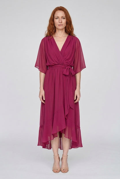 Elegant V-Neck Flowy Sleeve Dress for Women, Layered Textured Fringe Design, for Special Occasions, Dinners & Evening We
