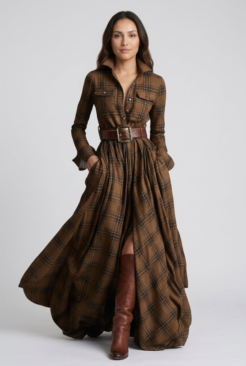 Belted Shirt Dress for Women, Plaid Tailored Flared Midi with Collar & Pockets, for Work, Brunch, Casual & Everyday Wear