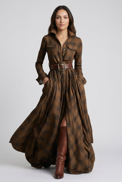 Belted Shirt Dress for Women, Plaid Tailored Flared Midi with Collar & Pockets, for Work, Brunch, Casual & Everyday Wear