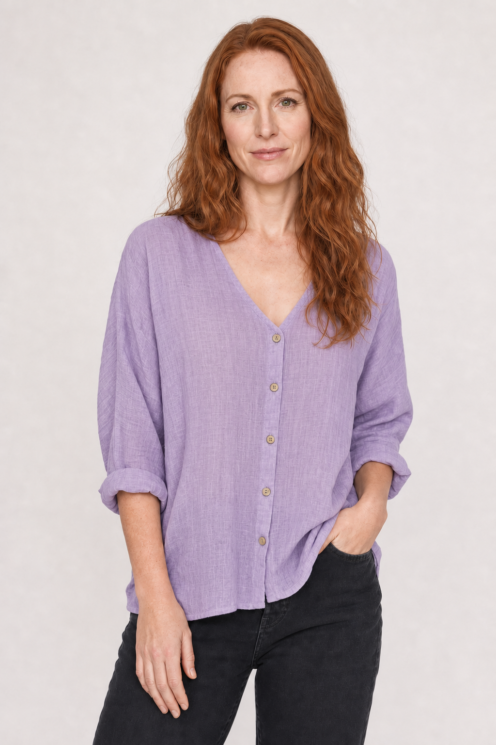Rina | Women's Casual Cotton V-Neck Button-Front Three-Quarter Sleeve Top