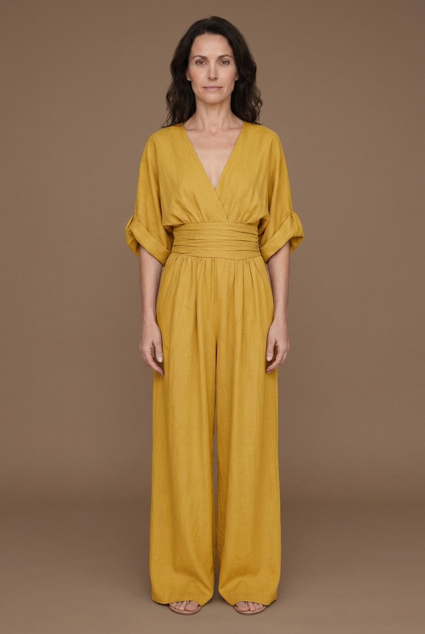 Elegant Wide Sleeve V-Neck Jumpsuit for Women, Flowing Relaxed Fit Cinched Waist, for Brunch, Travel, Casual & Everyday 