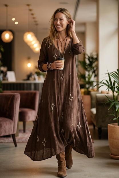 Vintage Long Sleeve Dress for Women, Cotton Blend V-Neck Relaxed Fit Flowing, for Casual, Spring, Summer & Everyday Wear