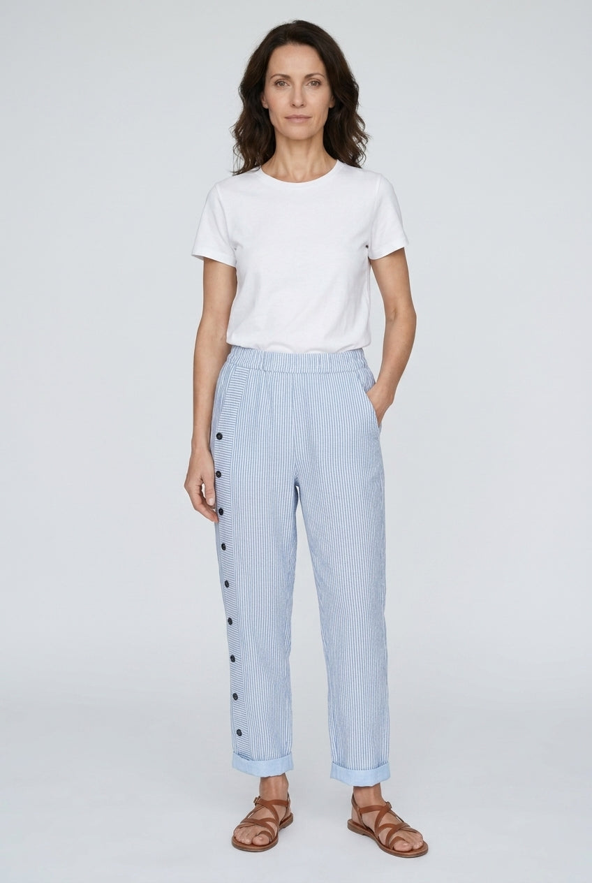 Women's Blue Striped Side-Fasten Trousers with Pockets