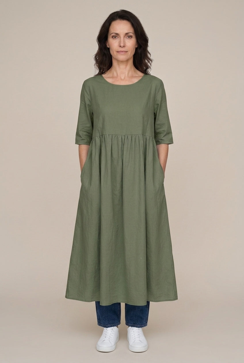 Classic Mid Sleeve Dress for Women, Cotton Relaxed Fit Round Neckline with Pockets, for Spring, Summer & Everyday Wear