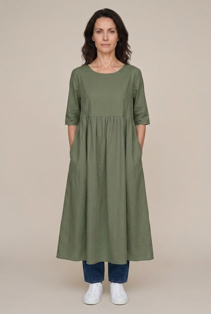 Classic Mid Sleeve Dress for Women, Cotton Relaxed Fit Round Neckline with Pockets, for Spring, Summer & Everyday Wear