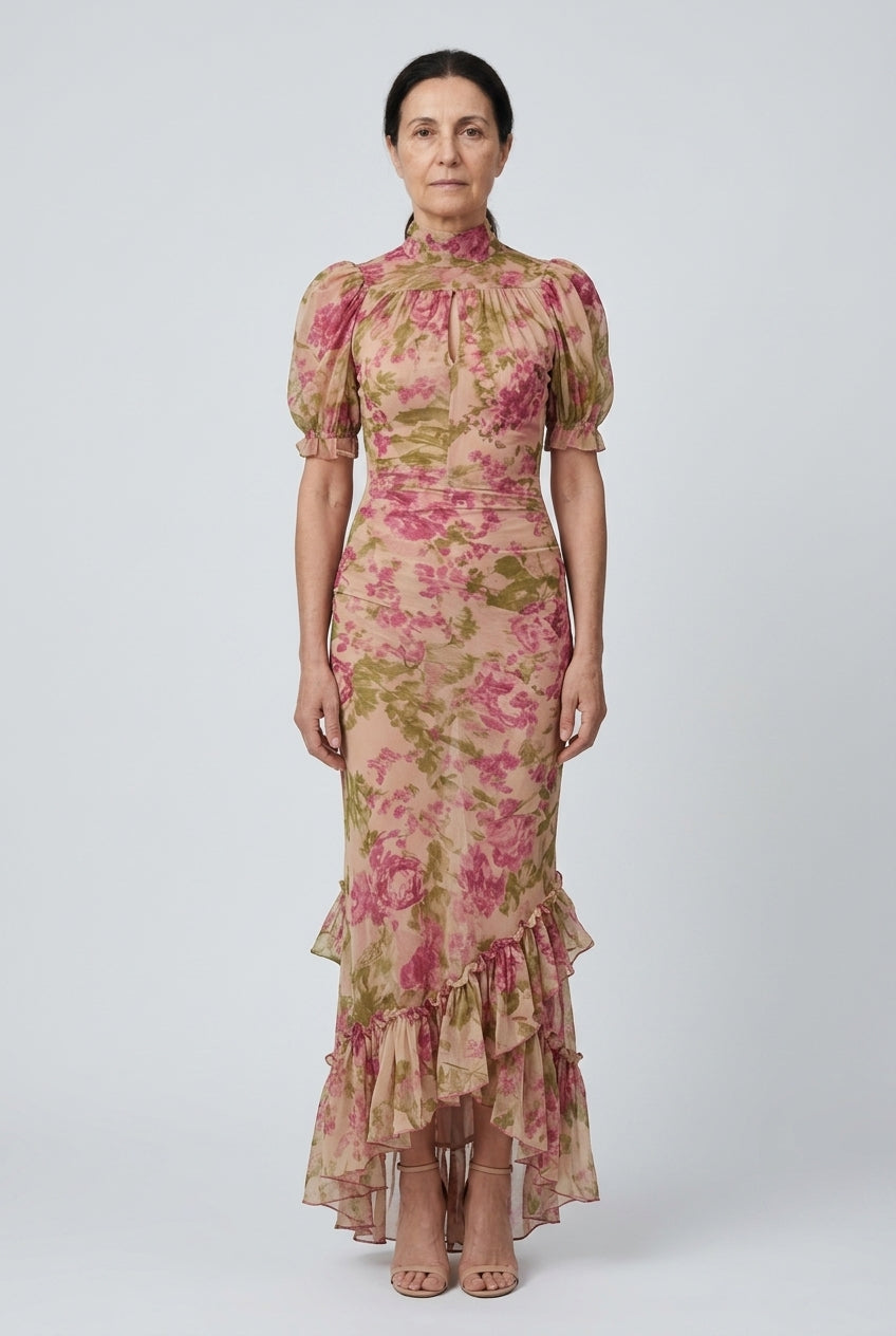 Vintage Rose Puff Sleeve Maxi Dress for Women, Floral Print Bohemian Long-Sleeve A-Line, for Vacation, Festival, Garden 