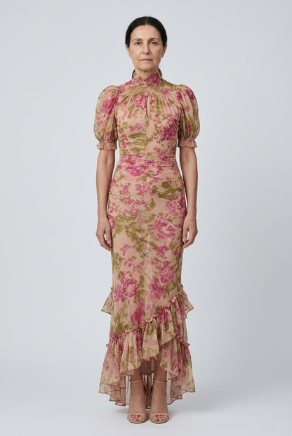 Vintage Rose Puff Sleeve Maxi Dress for Women, Floral Print Bohemian Long-Sleeve A-Line, for Vacation, Festival, Garden 