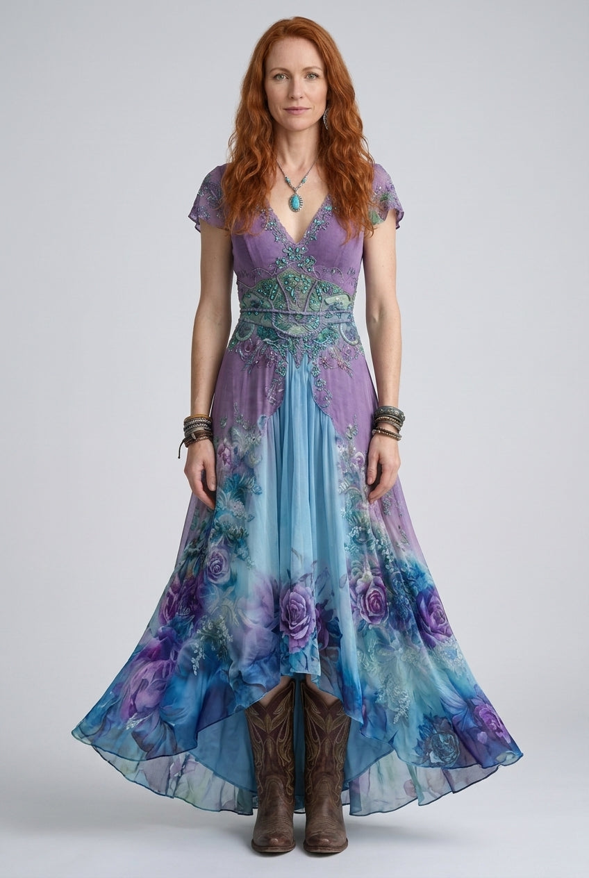 Elegant Maxi Dress for Women, Floral Gradient V-Neck Flowing Long-Sleeve, for Wedding Guest, Date Night, Evening & Vacat