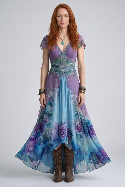 Elegant Maxi Dress for Women, Floral Gradient V-Neck Flowing Long-Sleeve, for Wedding Guest, Date Night, Evening & Vacat