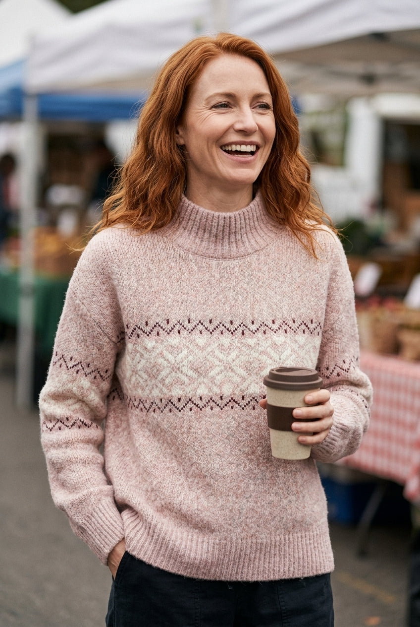 Cozy Snowflake Knit Sweater for Women, Relaxed Fit High Neckline Winter Jumper, for Holiday, Casual, Winter & Everyday W