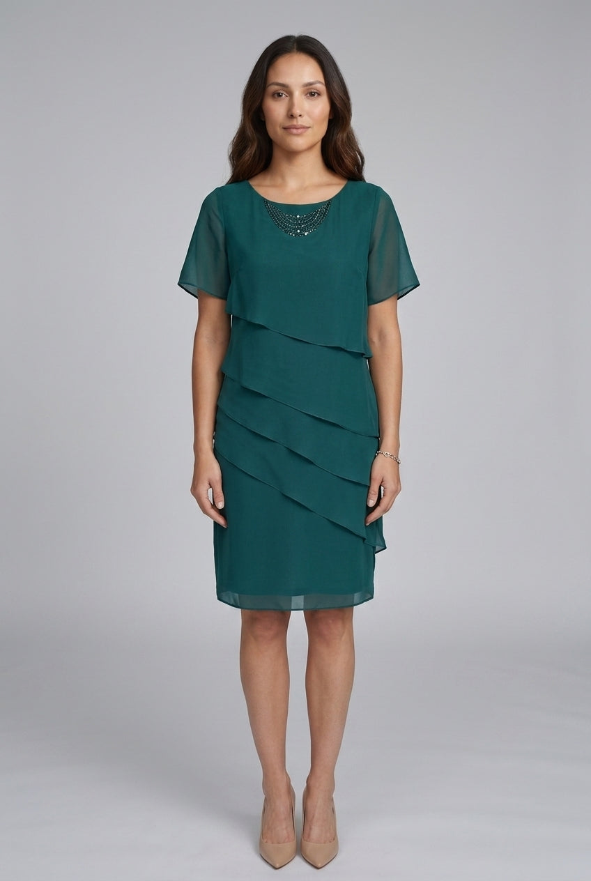 Elegant Flowy Short Sleeve Dress for Women, Layered Silhouette with Flattering Cut, for Formal, Dinners & Daytime Events
