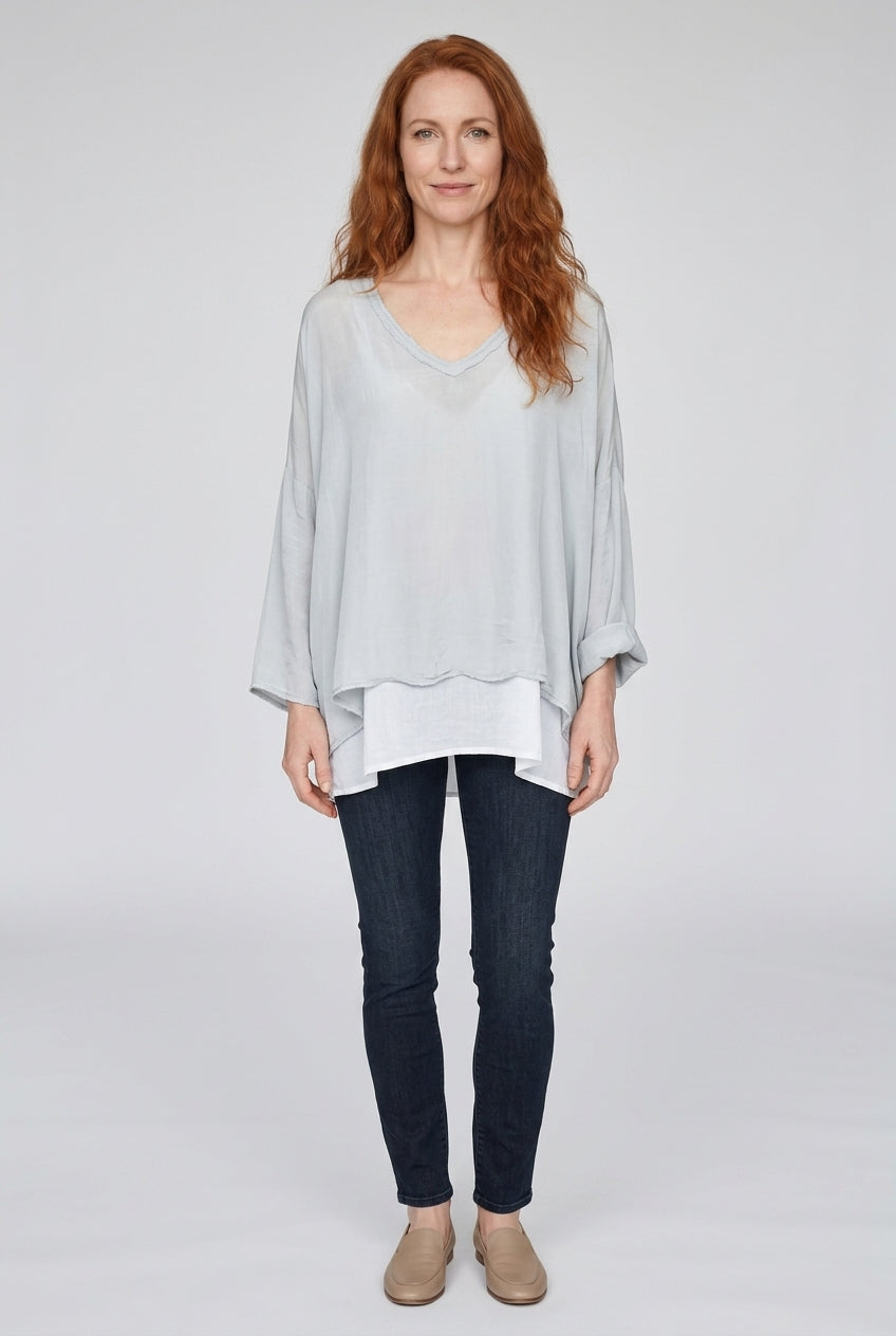 Relaxed Layered Long Sleeve Top for Women, V-Neck Rayon Flowy Fit, for Casual, Travel, Everyday & Loungewear