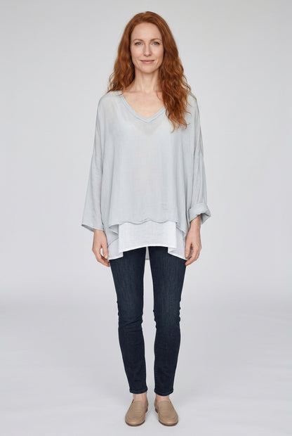Relaxed Layered Long Sleeve Top for Women, V-Neck Rayon Flowy Fit, for Casual, Travel, Everyday & Loungewear