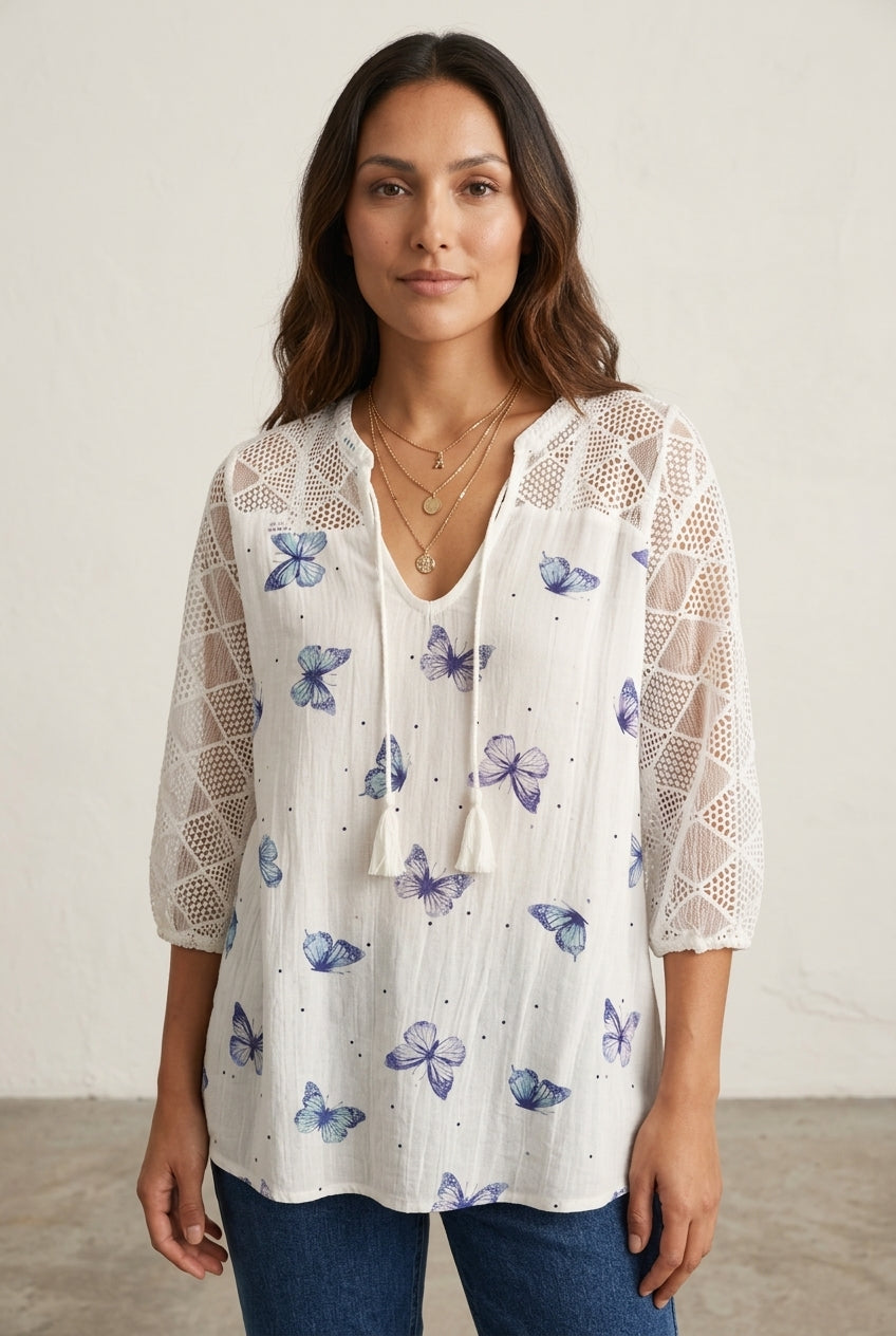Relaxed Butterfly Print Mesh Sleeve Top for Women, V-Neck Short-Sleeve Polyester, for Summer Casual Everyday & Dressier 