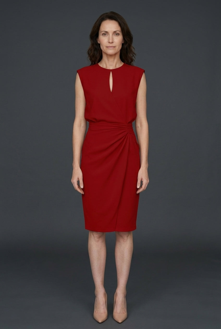 Elegant Midi Dress for Women, Keyhole Neckline Ruched Waist Flowing, for Work, Dinner, Parties & Everyday