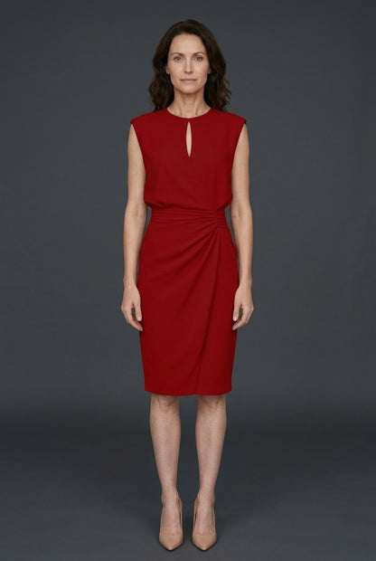 Elegant Midi Dress for Women, Keyhole Neckline Ruched Waist Flowing, for Work, Dinner, Parties & Everyday