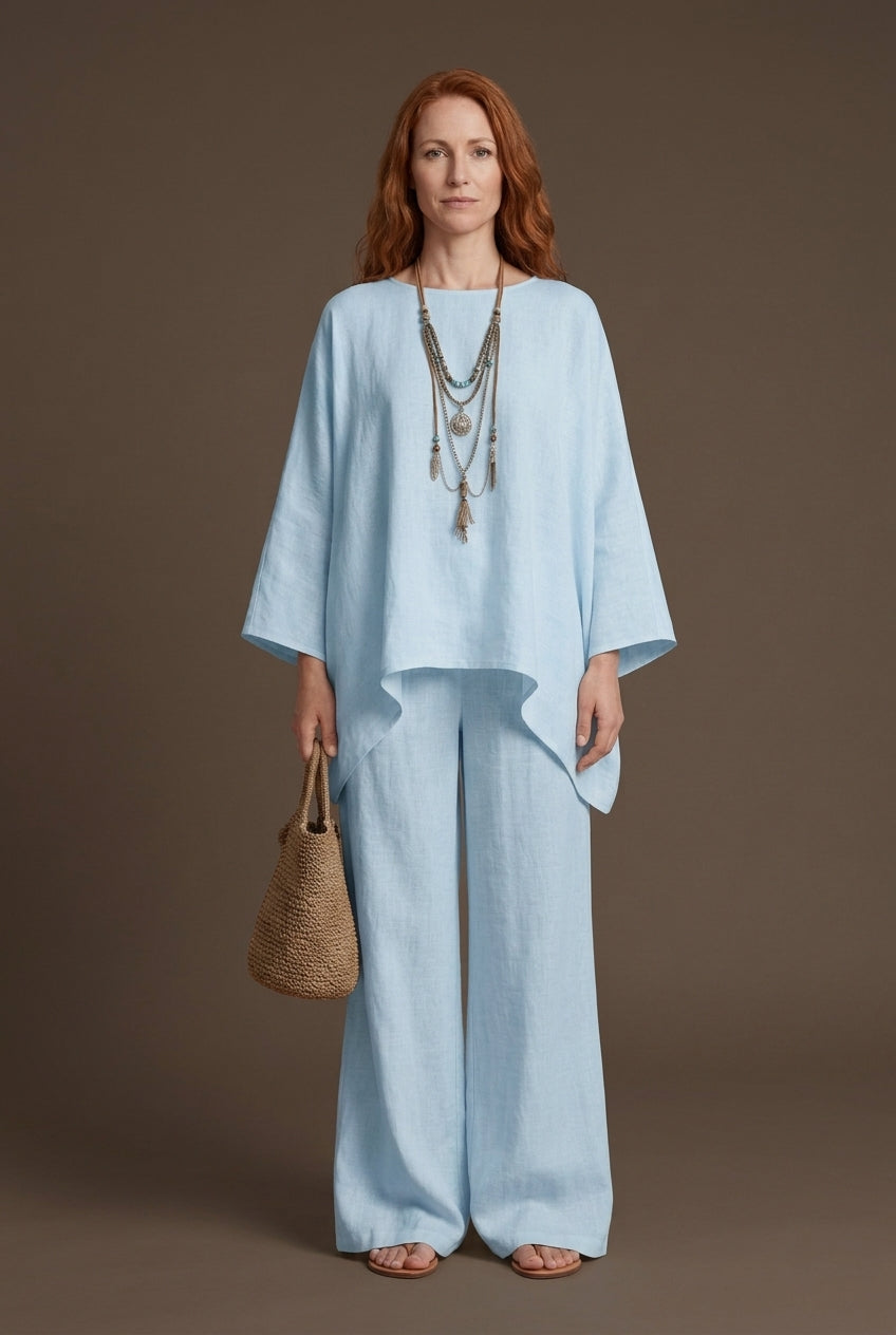 Elegant Wide Sleeve Linen Set for Women, Oversized Top and Wide-Leg Trousers, for Casual, Work, Vacation & Everyday Wear