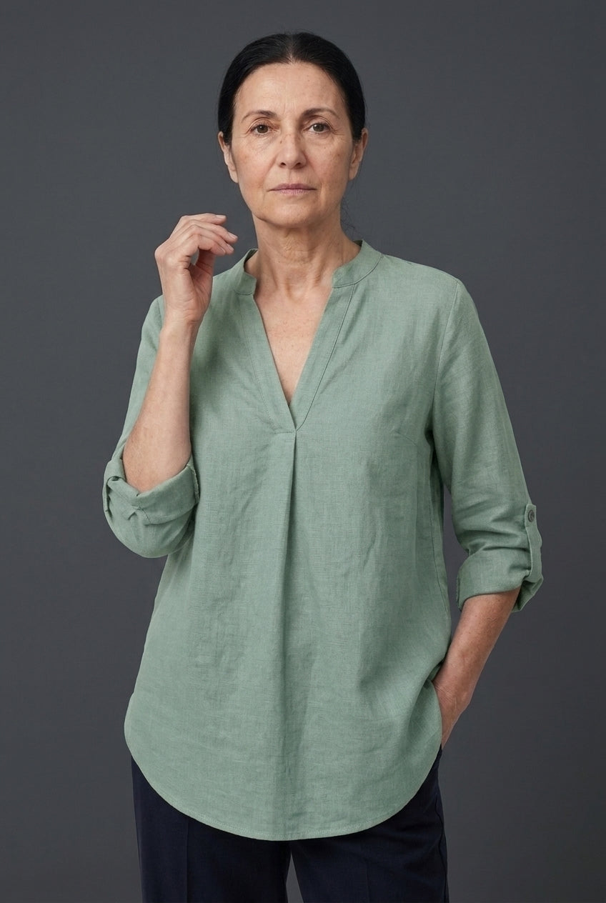 Classic V-Neck Long Sleeve Shirt for Women, Relaxed Tailored Fit Everyday Essential, for Work, Office, Casual & Layering