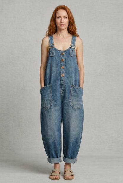 Relaxed Denim Jumpsuit for Women, Soft Long-Sleeve Wide-Leg with Pockets, for Weekend, Casual & Everyday Wear